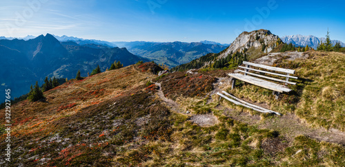 Sunny idyllic autumn alpine scene. Peaceful Alps mountain view from hiking path from Dorfgastein to Paarseen lakes, Land Salzburg, Austria. Picturesque hiking seasonal, nature beauty concept scene. photo