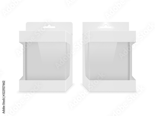 Paper white packaging box with transparent window and hanging hole. Blank product package template. Vector illustration.