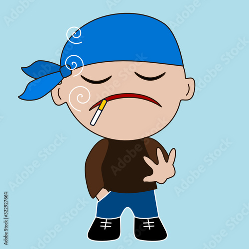 emoticon with tough guy in bandana that is smoking a cigarette & living his life like a thug, simplistic vector emoji in color, funny cartoon character from a set