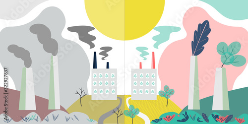 Carbon neutral. Plant, factory with industrial smog and without dirty polluting, comparison. Concept Sustainable fashion, ethical fashion, Carbon neutral. Can used in print or poster design, websites