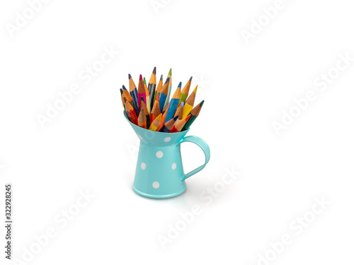 Colored pencils in a jar on a white background.