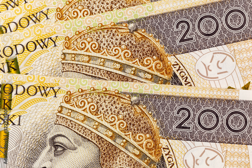 Polish currency money bills two hundred zloty. Macro crop portrait of King of Poland Zygmunt I Old
