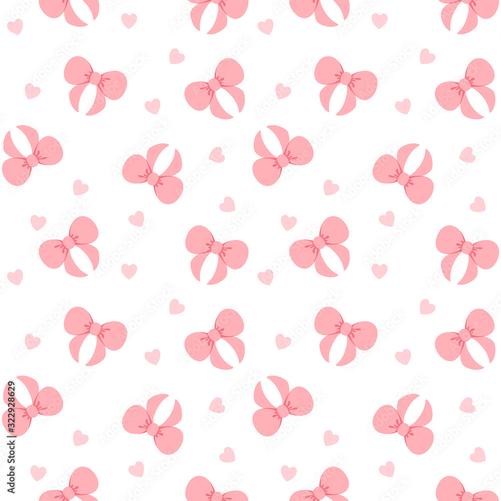 Seamless pattern with pink ribbon bow and heart. Vector illustration.