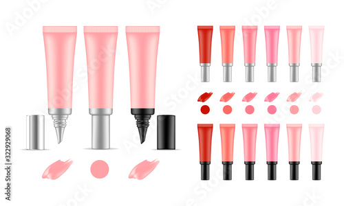Collection of lipstick tubes with different color shade. Colorful lip gloss smudges. Makeup cosmetic product package. Vector illustration.