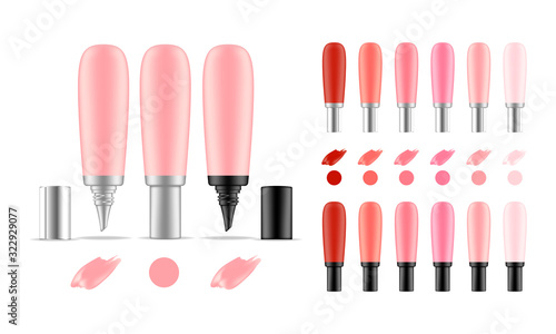 Collection of lipstick tubes with different color shade. Colorful lip gloss smudges. Makeup cosmetic product package. Vector illustration.