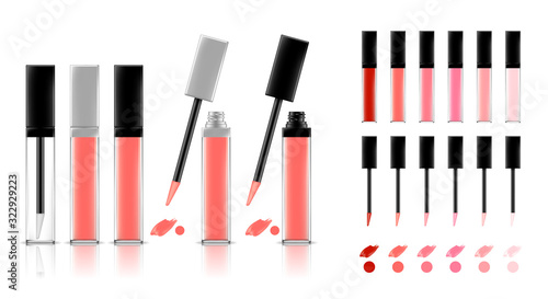 Collection of lipstick tubes with different color shade. Colorful lip gloss smudges. Makeup cosmetic product package. Vector illustration.