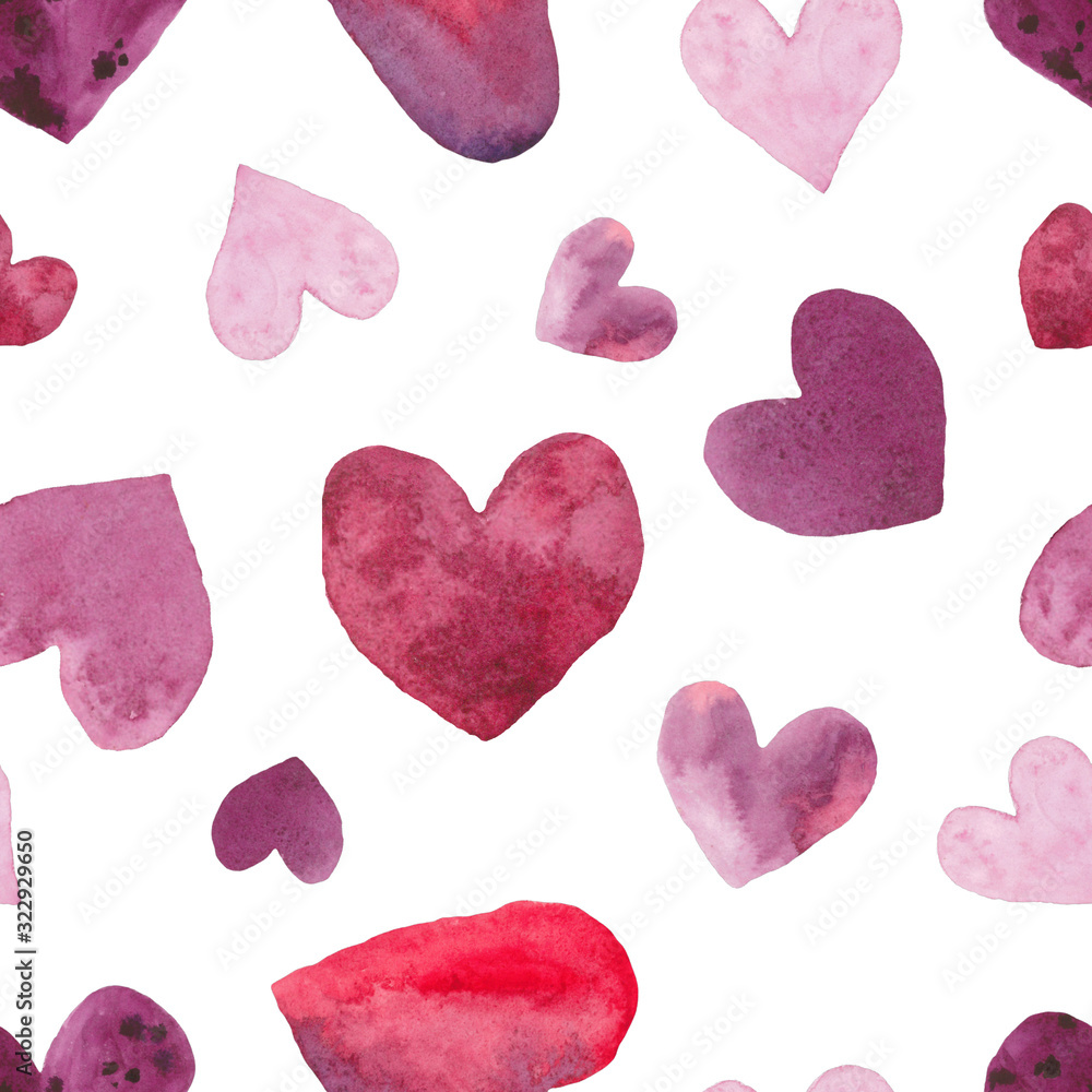Watercolor heart seamless pattern. Сoncept valentine, Happy Anniversary, wedding. Hand painted texture perfect for holiday invitations, greeting cards, scrapbooking, print, gift wrap, manufacturing.