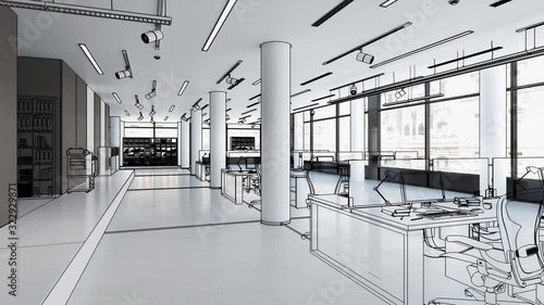 Modern Office Furnishings - black and white 3d visualization