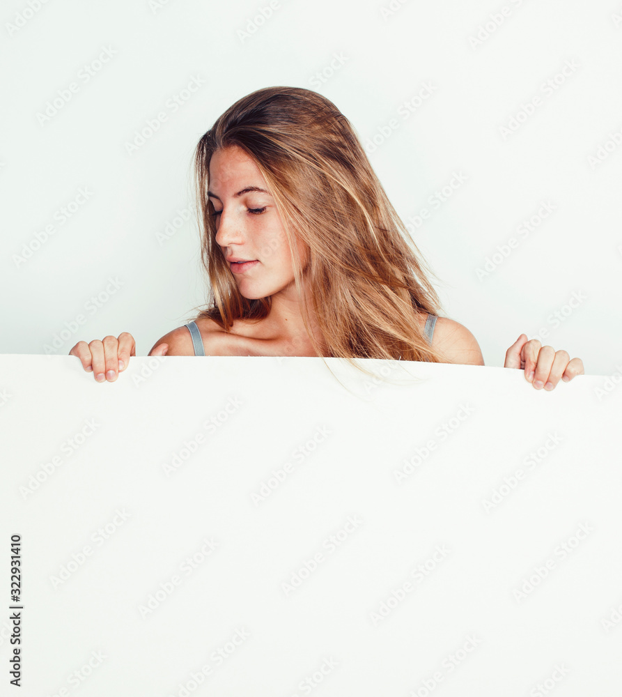 young pretty blonde girl with placard on white background half naked, shopping sale lifestyle people concept young pretty blonde girl with placard on white background half naked, shopping sale lifestyle people concept