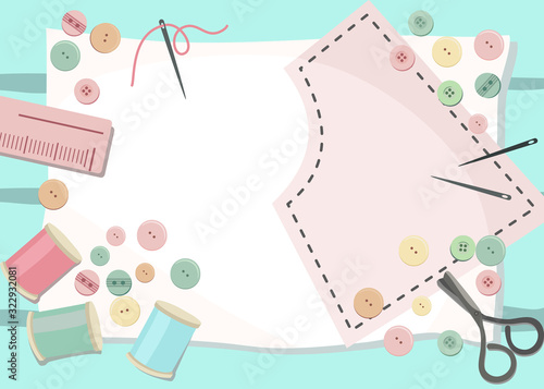 Top view of Work space on the desk with Studs , thread tubes, scissors, ruler and sewing pattern on pastel color Background.Handcraft and pastel color concept. Flat layout design.