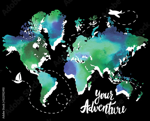 Your adventure. Drawing by hand, children's drawing. World map, geographical map. Airplane, ship, route. . Poster, postcard, print on the T-shirt. Monochrome pattern in vintage style.