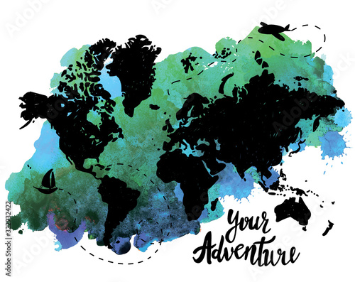 Your adventure. Drawing by hand, children's drawing. World map, geographical map. Airplane, ship, route. . Poster, postcard, print on the T-shirt. Monochrome pattern in vintage style.