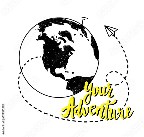 Your adventure. Drawing by hand, children's drawing. World map, geographical map. Airplane, ship, route. . Poster, postcard, print on the T-shirt. Monochrome pattern in vintage style.