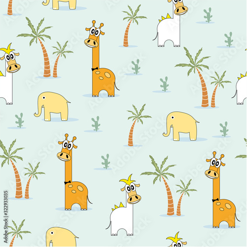 Giraffes  dinosaurs and elephants. Children s seamless pattern for wallpaper  packaging  gifts. Vector image.