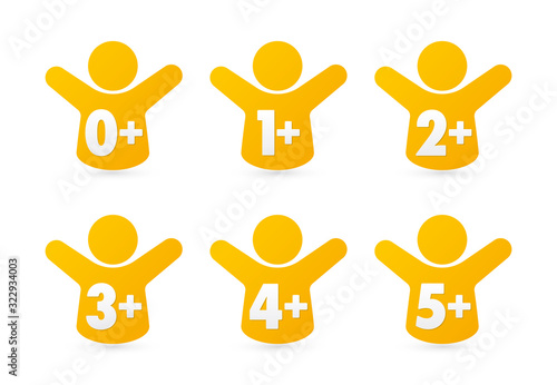 Vector icon suitable for children: 0+, 1+, 2+, 3+, 4+, 5+. Isolated on white background.