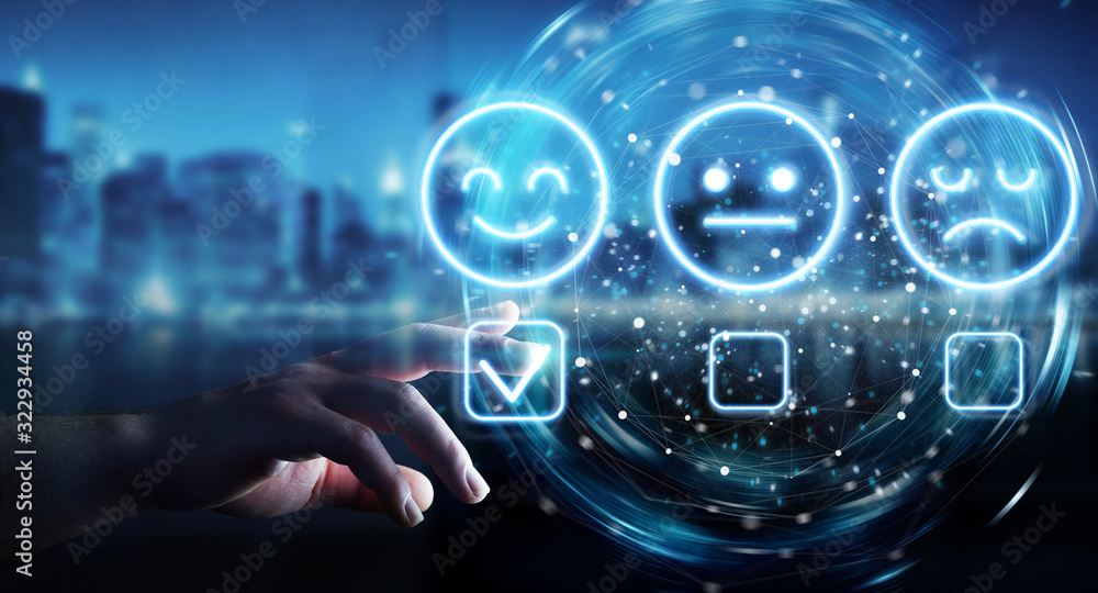 Man hand using customer satisfaction rating interface 3D rendering Man hand using customer satisfaction rating interface 3D rendering
