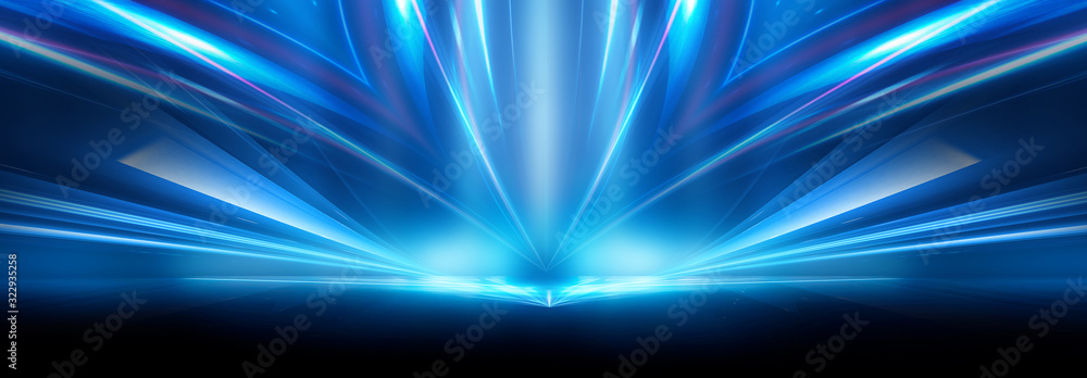 Abstract blue furutic background. Rays and lines, symmetrical reflection, blue neon. Abstract empty scene with beams and light of spotlights. - obrazy, fototapety, plakaty 