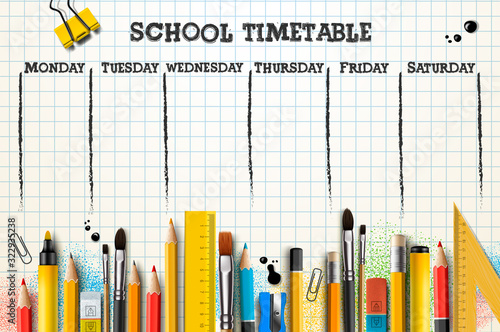 School timetable template for students or pupils. Vector Illustration