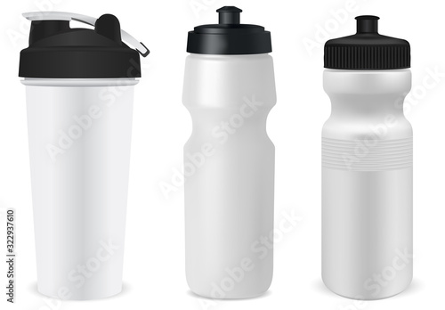 Plastc sport bottle. Reusable water flask illustration. Protein powder fitness canister template set. Realistic bicycle vessel blank with black cap. Gym product container