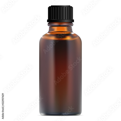 Brown glass pharmacy vial. Screw cap bottle design. Amber pharmaceutical flacon. Translucent container for liquid vitamin with black lid