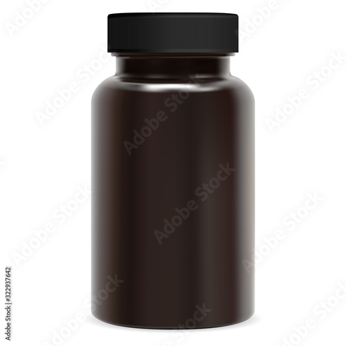 Brown supplement bottle. Plastic pill package. Pharmaceutical tablet or capsule jar isolated on white. Medical container template. Glossy packaging for pharmacy health care product