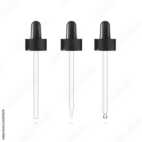 Pipette mockups for dropper bottle  isolated on white background. Vector illustration. Front view. Сan be used for cosmetic, medical and other needs. EPS10.