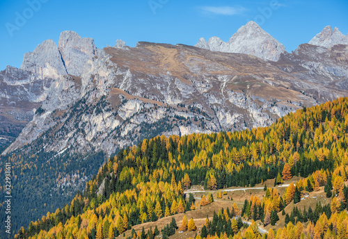 Autumn alpine Dolomites mountain scene  Sudtirol  Italy. Peaceful view near Gardena and Sella Pass. Picturesque traveling  seasonal  nature and countryside beauty concept scene.