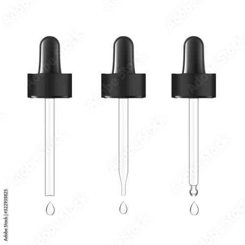 Pipette mockups for dropper bottle  isolated on white background. Vector illustration. Front view. Сan be used for cosmetic, medical and other needs. EPS10.