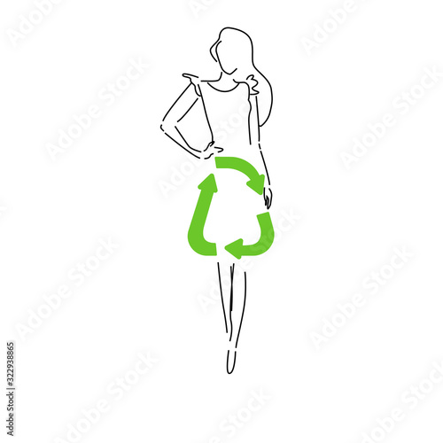 Sustainable fashion. Silhouet woman in outline in dress with sign for recycling. Concept for slow fashion, circular fashion, recycle. Can used in print or poster design,