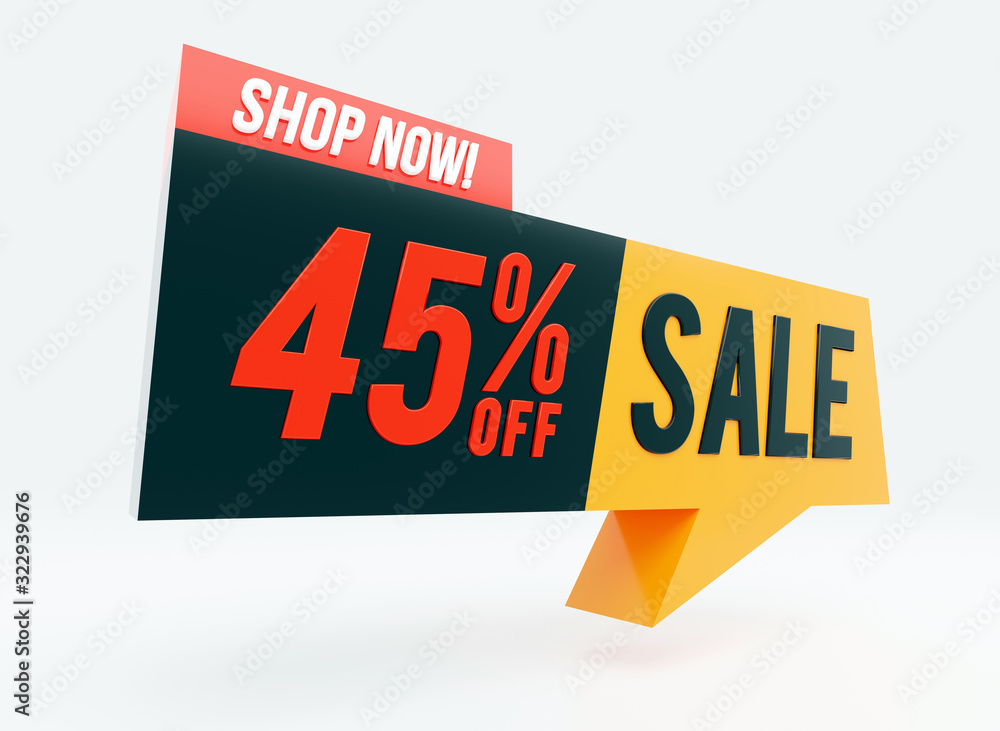45% Sale, Shop Now text words on glossy bubble 3D render 45% Sale, Shop Now text words on glossy bubble 3D render