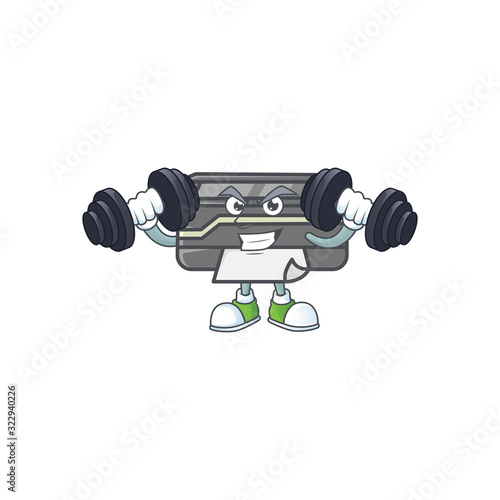 Printer mascot icon on fitness exercise trying barbells