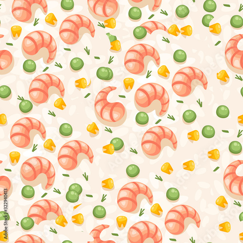 Fototapeta Naklejka Na Ścianę i Meble -  Seamless pattern of shrimp with green pea and corn seafood flat vector illustration on beige background