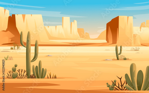 Desert landscape of stone desert with plants and rocks sunny day blue sky flat vector illustration horizontal design