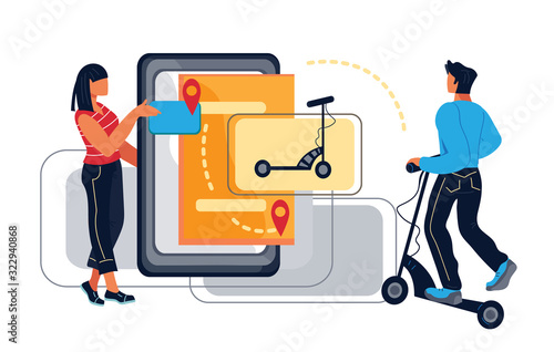 Electric scooter sharing or rental via mobile application concept with people characters. Ecological urban vehicle and available public transportation technology. Flat vector illustration isolated.