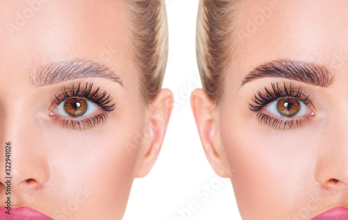 Obraz na plátně Female eyes before and after eyebrows correction and dying.