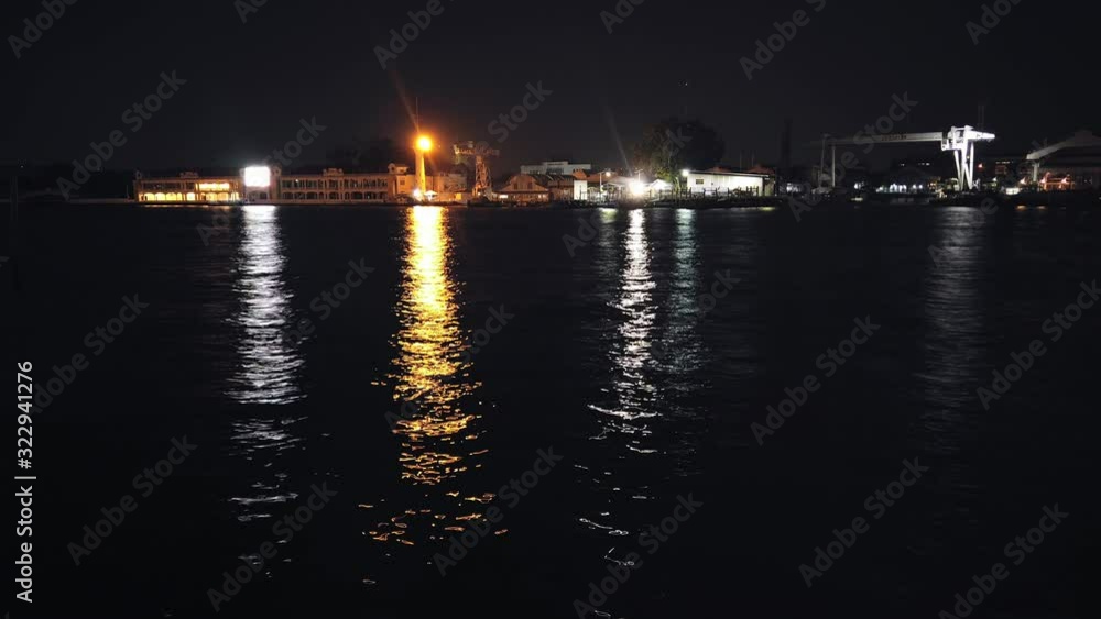 Bangkok, Thailand - JANUARY 30 2020: 4k Timelapse. Boats flowing on Phraya river at night. Boat traffic. Light tracks in water. Construction crane working on opposite side of river. Pan right. Bangkok, Thailand - JANUARY 30 2020: 4k Timelapse. Boats flowing on Phraya river at night. Boat traffic. Light tracks in water. Construction crane working on opposite side of river. Pan right.