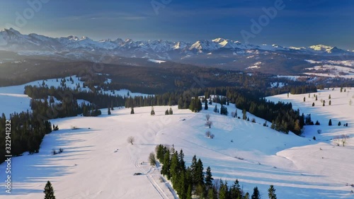 Aerial view of sunrise in Tatra mountains at winter