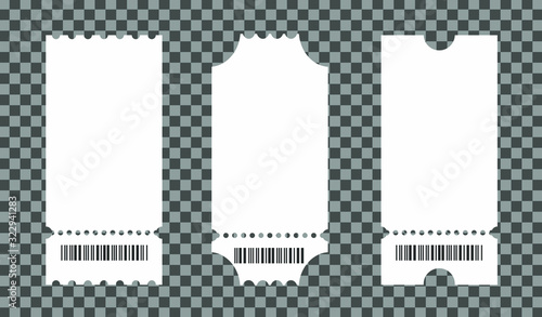 Set of empty ticket templates isolated on transparent background. Blank tickets mockup for entrance to the concert or show. Vector illustration