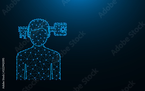 Problem solving low poly design, man and key wireframe mesh polygonal vector illustration made from points and lines on dark blue background