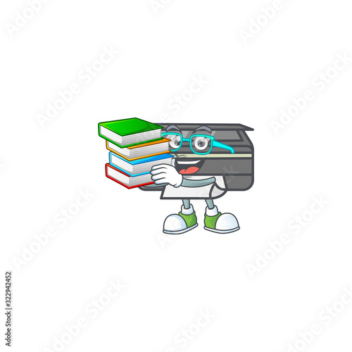 A brainy clever cartoon character of printer studying with some books