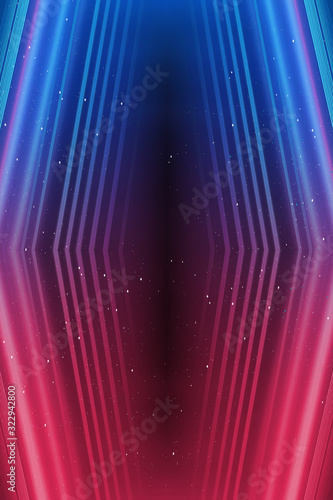 Dark abstract futuristic background. The geometric shape of the rectangle in the middle of the scene. Neon blue-pink rays of light on a dark background
