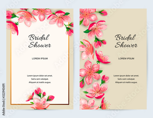 Spring invitations with blossom sakura, cherry flowers. Place for text. Great for oriental invite, flyer, beauty offer, wedding, bridal shower, poster, baby shower, Mother's and Women's day.