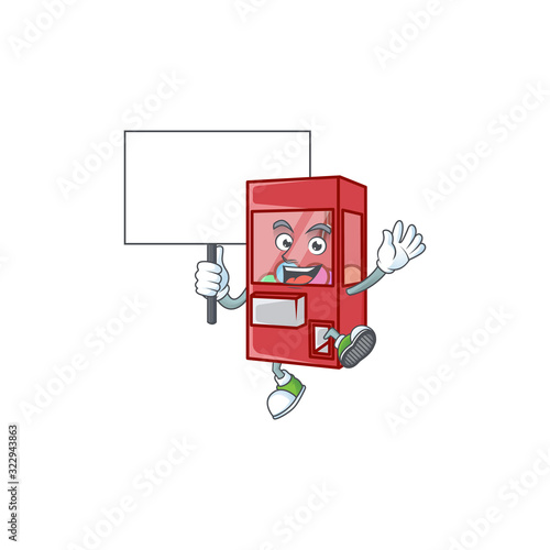 A picture of toy claw machine cartoon character with board