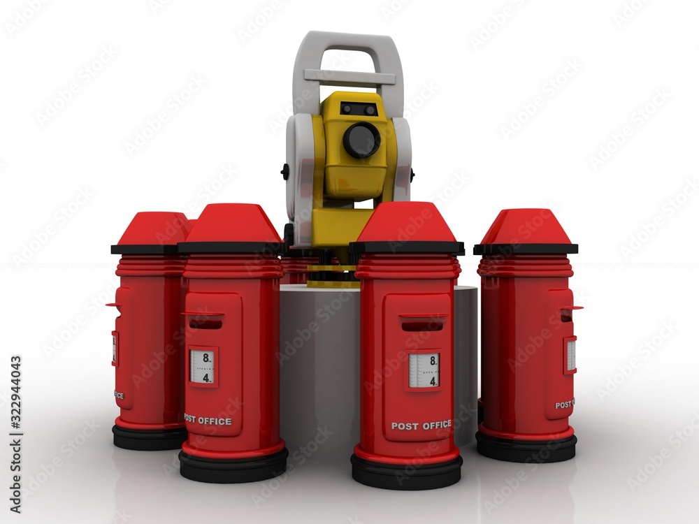 3D illustration Construction surveying instrument with letter box 3D illustration Construction surveying instrument with letter box