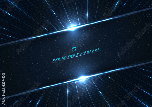 Abstract technology futuristic digital concept perspective grid and lighting effect glowing particles dots elements circle on dark blue background. © phochi