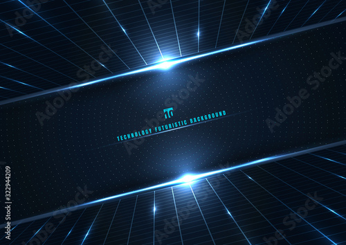Abstract technology futuristic digital concept perspective grid and lighting effect glowing particles dots elements circle on dark blue background.