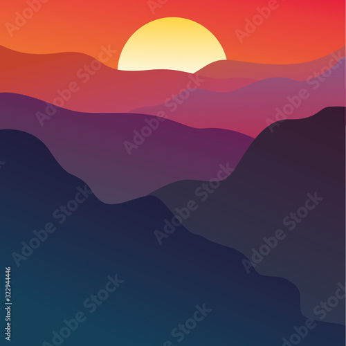 Sunset over mountains, flat style. Evening sun over mountains hill, yellow warm light and silhouettes of cliffs. Hand drawn vector illustration. Beautiful atmospheric banner