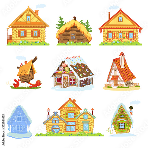 Set of fairytale houses. Russian huts, log house, hut on chicken legs, a gingerbread house, an ice house, tower.