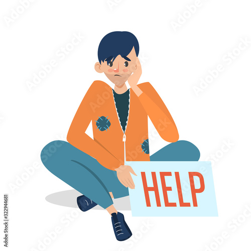 Help for homeless web banner design. Poor man in dirty