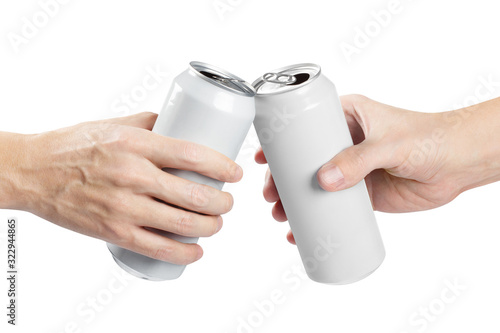 Two hands clinking white aluminium beer cans, isolated on white background photo